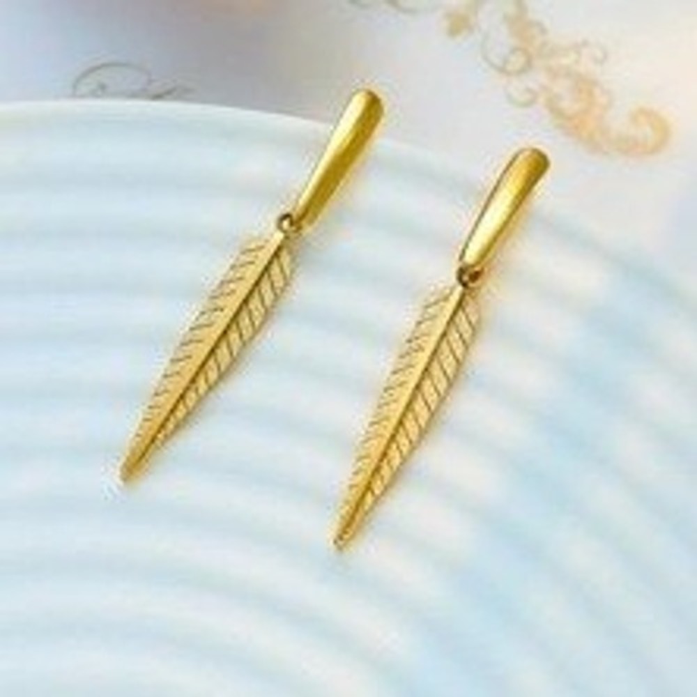 Gold Feather Drop Earrings Titanium Stainless Steel Nature Leaf Dangle 4cm